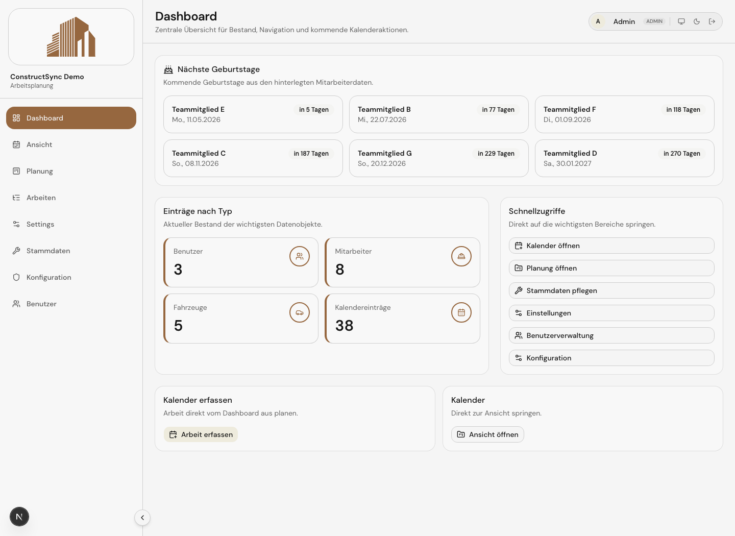 Bestand, Geburtstage und Schnellzugriffe in ConstructSync