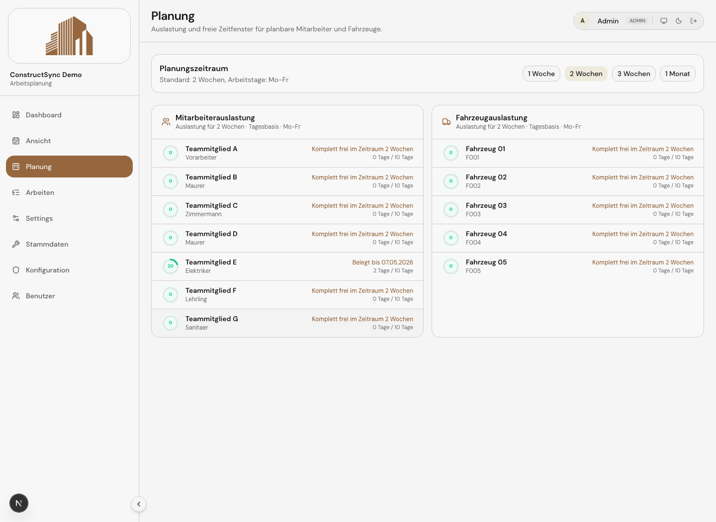 ConstructSync Demo-Ansicht der Mitarbeitenden- und Fahrzeugauslastung