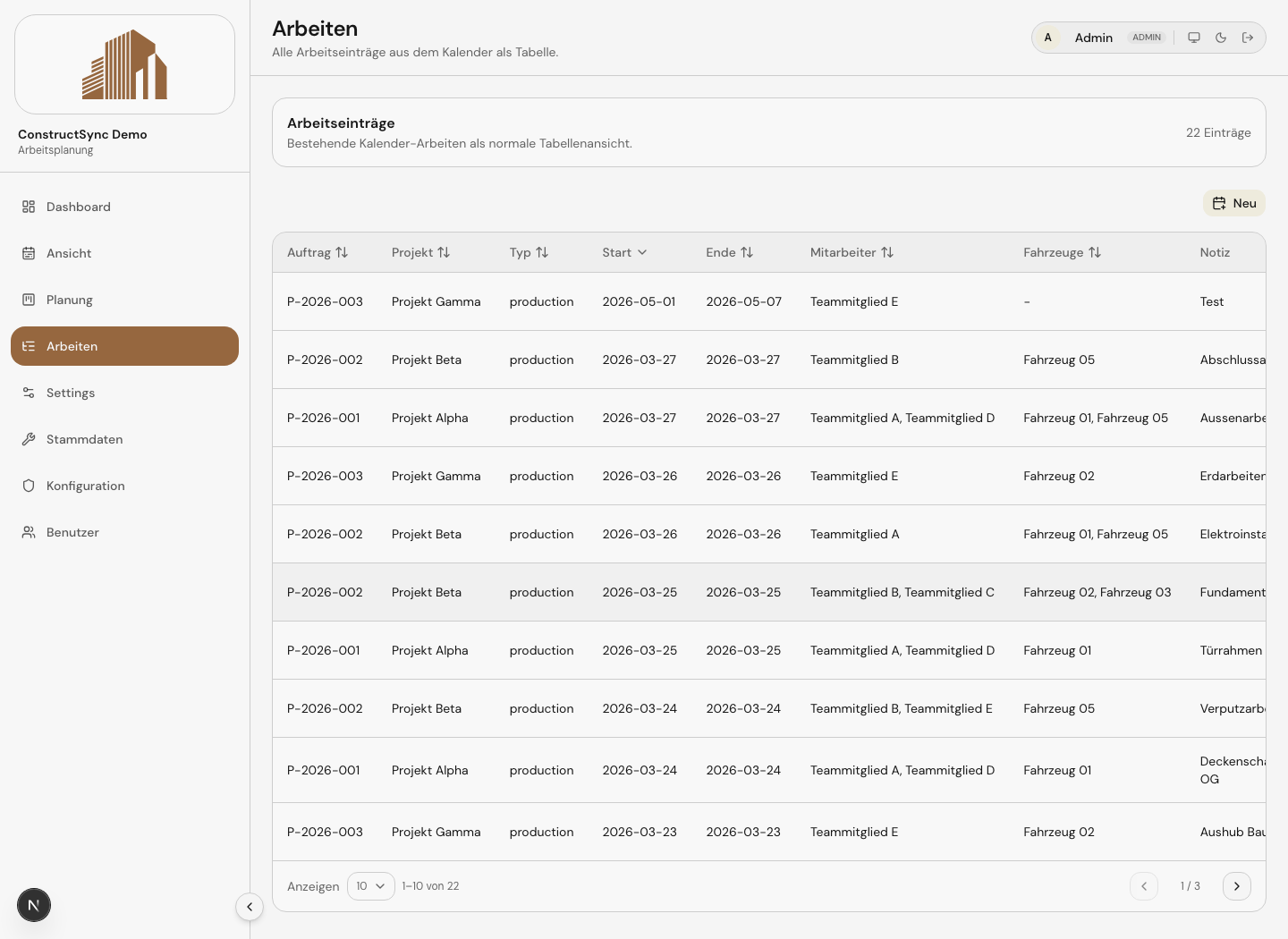 Alle Arbeitseinsätze als klare Tabelle in ConstructSync